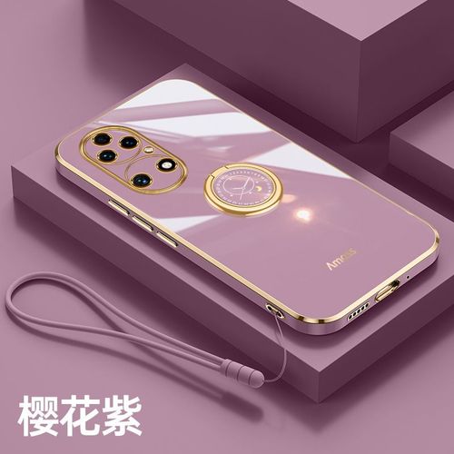 Etui Coque Pour Huawei P50 Pro Coque De Protection En Silicone One All-Inclusive Lens Ring Bracket Trendy Mobile Phone Case, [Type De Bague] Fleur De Cerisier Violet + Laniere