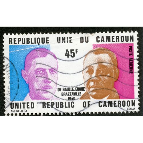 Timbre Oblitéré République Unie Du Cameroun, De Gaulle - Éboué , Brazzaville 1940, 45 F, Poste Aérienne