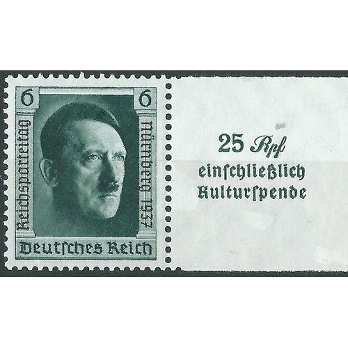 Allemagne, 3ème Reich 1937, Très Beau Timbre Neuf** Luxe Chancelier Hitler, Issu Du Bloc 11, Émis À L'occasion Du Congrès Du Parti Nazi, Avec Vignette Pour Le Fond "Culture", Filigrane Croix Gammées.
