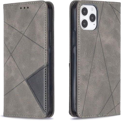 Coque Pour Iphone 12/Iphone 12 Pro (6,1 Pouces), Housse Portefeuille En Cuir Etui Avec Slim Tpu Silicone Bumper Magnétique Flip Case, Porte Cartes Avec Fonction Support Cover (Gris)