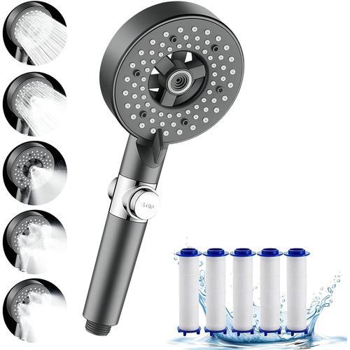 Pommeau de Douche Haute Pression,Douchette Douche Salle de Bain 4 Modes Réglable,Anti Calcaire Douchette Massant avec Stop Eau,Pommeau de Douche Économie d'Eau,SPA Pomme de Douche (Gris-5)