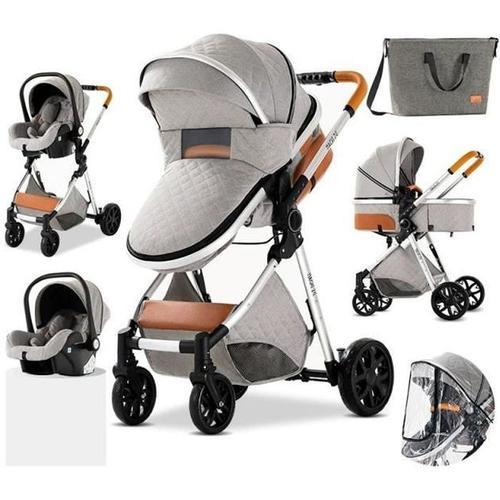 Poussette 3 En 1 Bébé Combinée Siège-Auto Landau Nacelle Réglable Sac À Langer Haute Qualité Poussette Canne Gris Clair