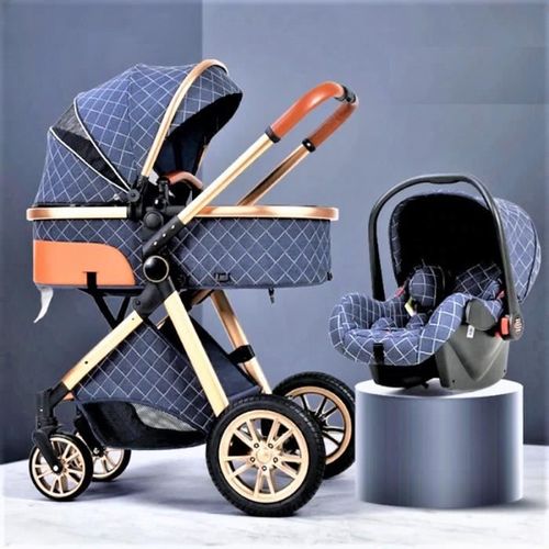 Poussette 3 En 1 Bébé Combinée Siège-Auto Nacelle Haute Trio Réversible Réglable Haute Qualité Roues Increvables Canne Bleu