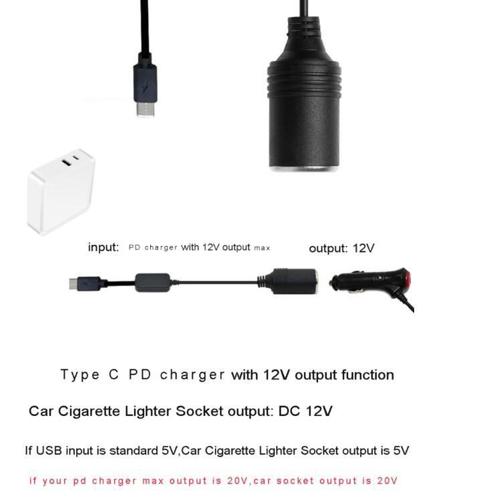 Usb C Type C à 12v Voiture Allume-cigare Socket Femelle Câble  d'alimentation