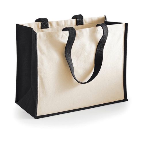 Cabas en coton et toile de jute - W422 - beige et noir