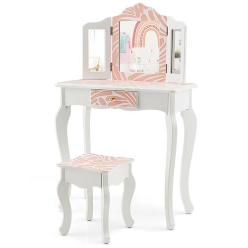 Costway 2 En 1 Coiffeuse Pour Enfants De 3-7 Ans Avec Miroir Amovible À 3 Volets, Table De Maquillage Avec Tabouret Et Tiroir, Rose