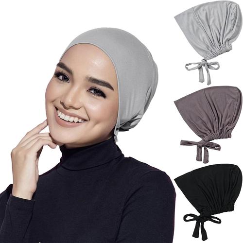 Lot De 3 Casquettes De Hijab Pour Femme, Élastiques Réglables, En Coton Respirant Avec Fermeture À Nouer, Couleur Unie (Noir, Gris Foncé, Gris Clair), Noir, Gris Foncé, Gris Clair, Taille