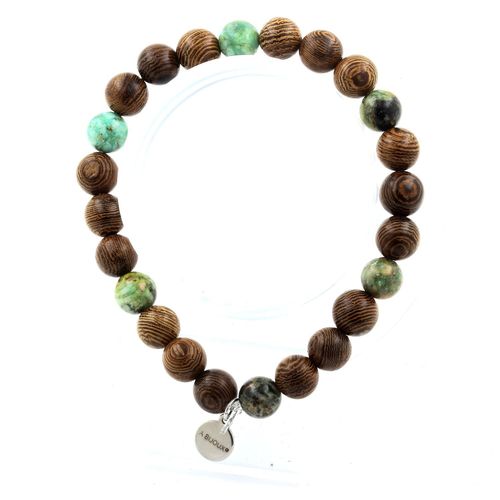 Bracelet Perles Turquoise Du Pérou + Bois 8 Mm. Fabriqué En France.