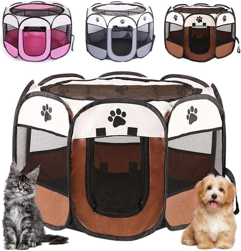Parc pour chiots d'intérieur - 73 x 73 x 43 cm - Enclos pour chats avec 2  portes, balle incluse - Pliable, idéal pour chiens, chats et petits animaux  (marron)