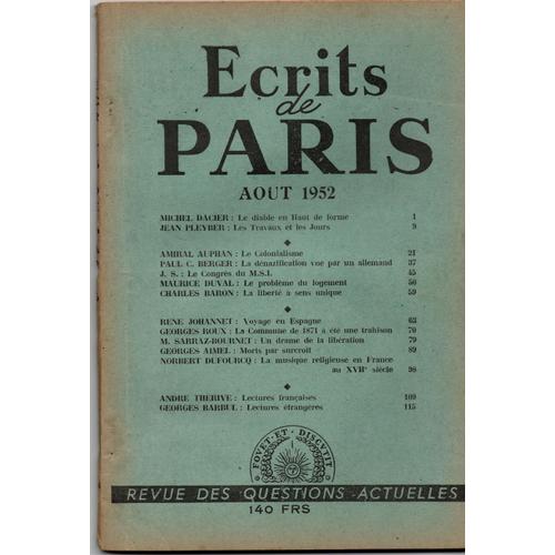 Écrits De Paris - Revue Des Questions Actuelles - Août 1952.