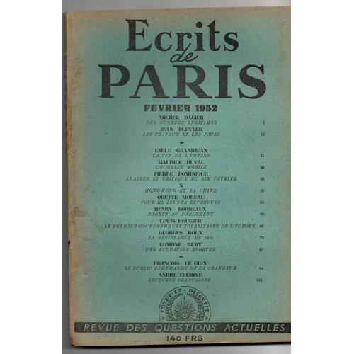 Écrits De Paris - Revue Des Questions Actuelles - Février 1952.