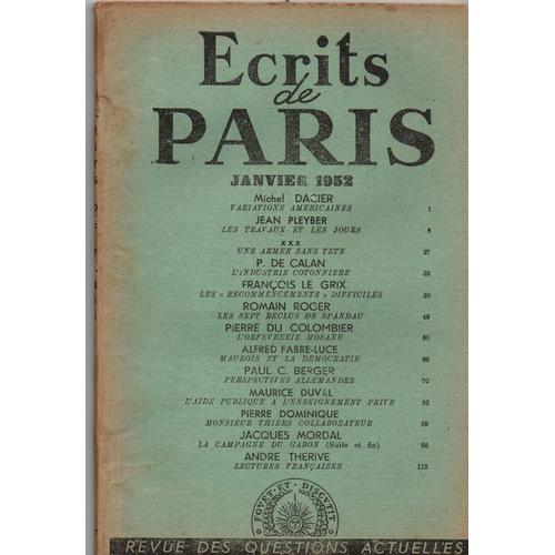 Écrits De Paris - Revue Des Questions Actuelles - Janvier 1952.