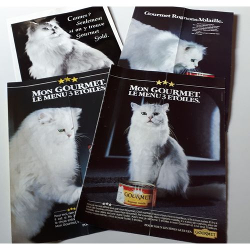 Quatre Feuilles Publicitaires Pour Gourmet Nourriture Pour Chats Avec Le Célèbre Chat Blanc Aux Yeux Verts - 30x21cm - Campagne 1986 Parue Dans Animaux Magazine - Pour Collection Ou Plaisir De L'image