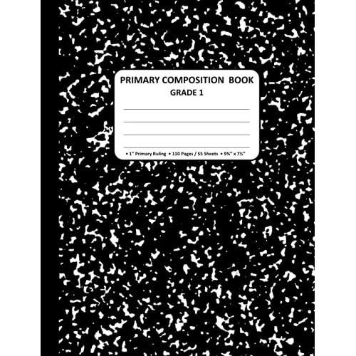 Marble Composition Book: Primary Journal Comp Book (Grade 1 Ruling), 110 Pages/55 Sheets, 9.75 X 7.5 Inches, Creative Story Writing Exercise Books For Elementary Kids Grade 1 - Black Marbled Cover