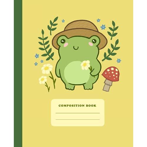 Composition Book: Cute Frog With Hat Mushrooms | College Ruled Wide Lined Journal | Kawaii Cottagecore Aesthetic Yellow Notebook For School