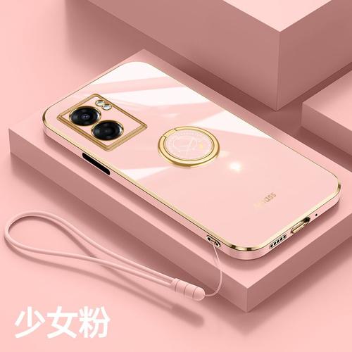 Etui Coque Pour Coque De Protection En Silicone Pour Oppo A57/A77 5g Lentille All-Inclusive Straight Edge Anti-Drop Ring Bracket Coque De Téléphone Portable, Oppo A57/A77 5g [Type De Bague] Girl Pink + Lanyard