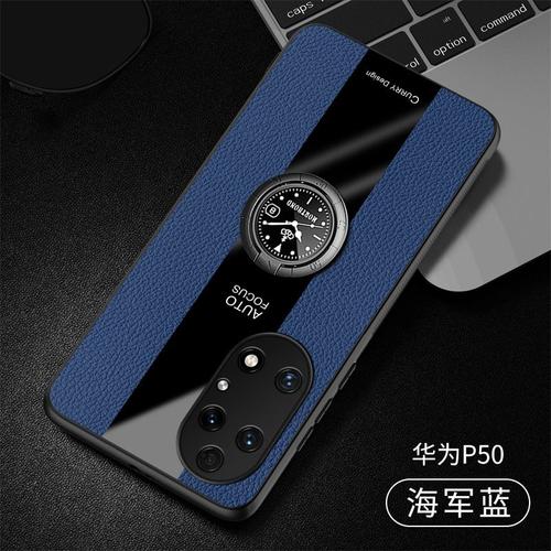 Etui Coque Pour Huawei P40 Leather Finger Ring Bracket All-Inclusive Anti-Fall Silicone Case Mobile Phone Case, [Bleu Marine] Anneau D'horloge Gratuit