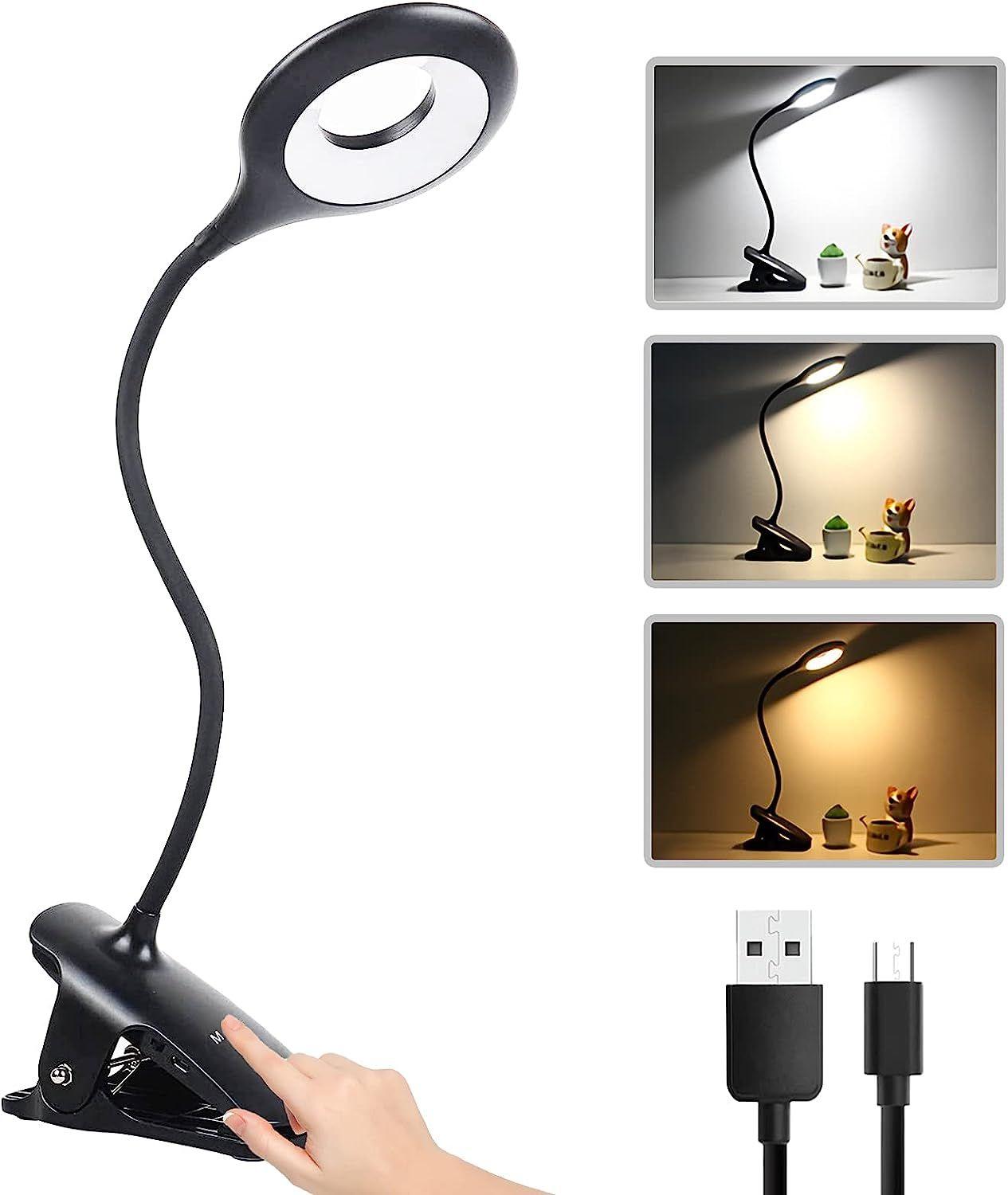 Lampe de Bureau LED sans Fil Rechargeable, 3 Couleur et 3 Intensité  Réglables, Lampe de Chevet USB Tactile avec Pince pour Enfants, 20 LEDs  Flexible 360°Portable Lampe de Lecture Clipsable