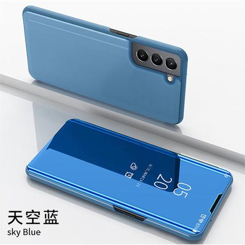 Etui Coque Pour Samsung S22 Streamer Miroir Flip Type Tout Compris Anti-Chute En Cuir Étui Pour Téléphone Portable, [Bleu Ciel] Streamer Miroir Étui En Cuir