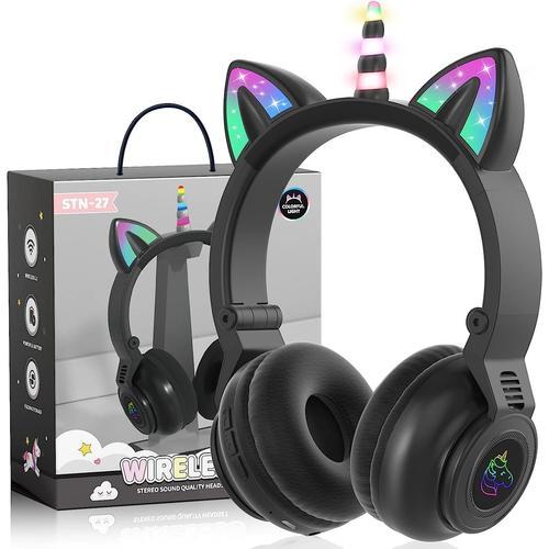Casque Audio Enfant Bluetooth Unicorn, Casque sans Fil/Filaire pour Enfants  avec lumières LED, Casque Audio Enfant Fille sur l'oreille avec Microphone,  pour iPad/Kindle/Tablette (Noir)