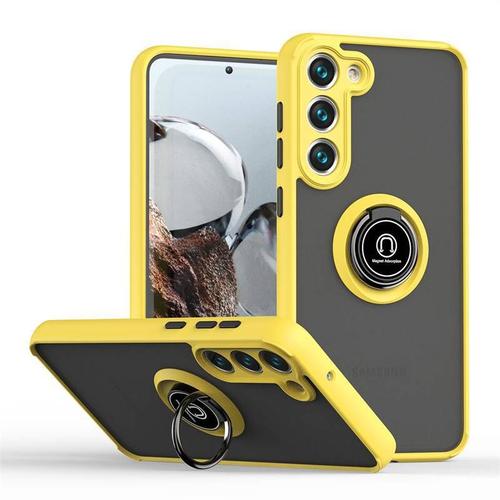 Etui Coque Pour Samsung S22ultra All-Inclusive Anti-Drop Magnétique Ring Bracket Car Phone Case, [Jaune] Qiying