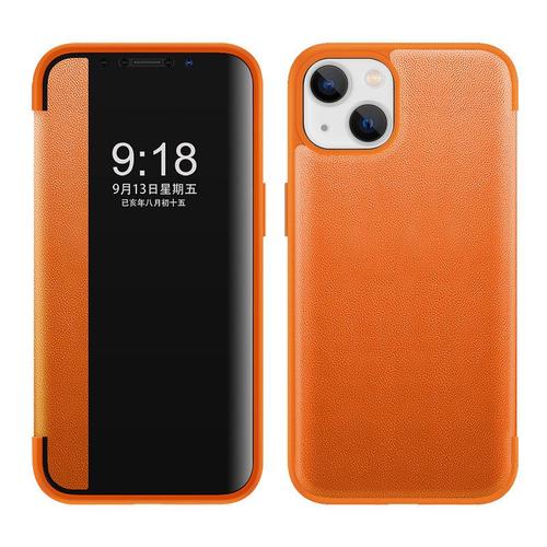 Etui Coque Pour Étui A Rabat En Cuir Uni Pour Iphone 14 Promax, Étui Pour Téléphone Portable Anti-Chute Tout Compris, ?Danxia Orange? Étui A Fenetre En Cuir Uni