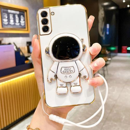 Etui Coque Pour Samsung S22ultra Astronaut Folding Bracket All-Inclusive Anti-Fall Silicone Phone Case, [Antique White] Astronaut Bracket + Lanyard