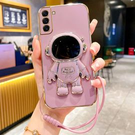 Etui Coque Pour Samsung S22 Astronaut Folding Bracket All Inclusive Anti-Fall Silicone Phone Case, [Sakura Purple] Astronaut Bracket + Lanyard