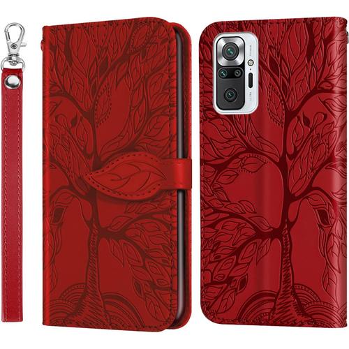 Coque Portefeuille Étui Xiaomi Redmi Note 10 Pro/Note 10 Pro Max Housse Protection Accessoires Case Flip Cover Phone Étuis En Faux Cuir Avec Stand Rouge