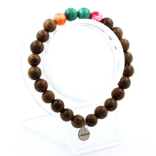Bracelet Perles Malachite Du Congo + Agate Craquelé Multicolore + Bois Fabriqué En France.