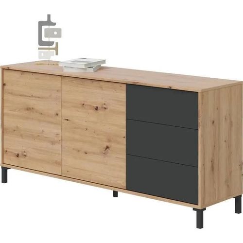 Buffet 2 Portes 3 Tiroirs - Panneaux De Particules Mélaminé - Chene Et Noir - Brooklyn L 154 Cm X P 41 Cm X H 74 Cm