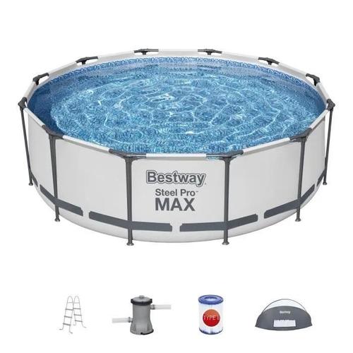 Kit Piscine hors sol tubulaire BESTWAY Steel Pro Max - 366 cm x 100 - Ronde (Pompe de filtration, échelle, auvent)