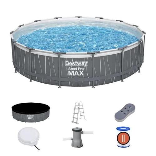 Piscine hors sol ronde Bestway Steel Pro Max 561GD 457 x 107 cm avec filtre à cartouche, échelle, bâche, lumière LED