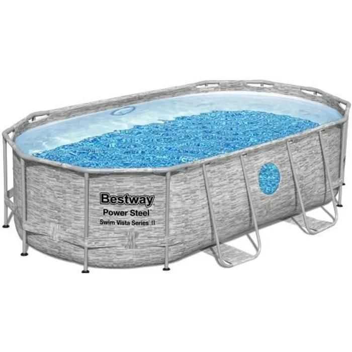 Piscine hors sol ovale Power Steel SwimVista effet pierre grise