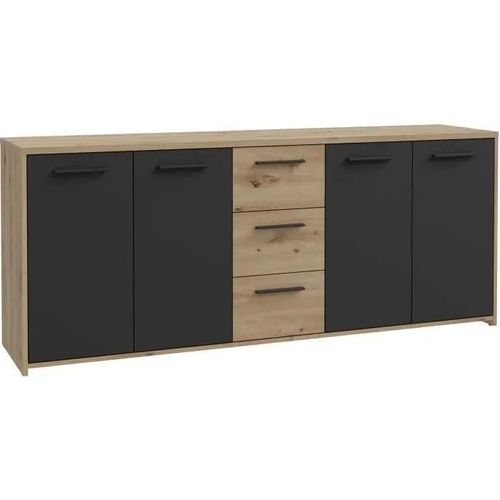Buffet Pilvi - Style Contemporain - Particules Mélaminé -Décor Chene Artisan Et Noir- 4 Portes + 3 Tiroirs - L179,2 X P42 X H