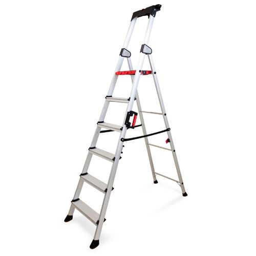 KELI - Échelle Pliable 6 Marches, Escabeau, Marchepied, Aluminium Robuste, Qualité Professionnelle, Poignée de Transport, Porte Outils ABS Dépliable