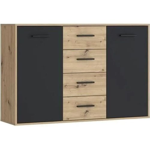 Buffet Pilvi - Style Contemporain - Particules Mélaminé - Décor Chene Et Noir - 2 Portes + 4 Tiroirs - L 122,6 X P 34,2 X H 8