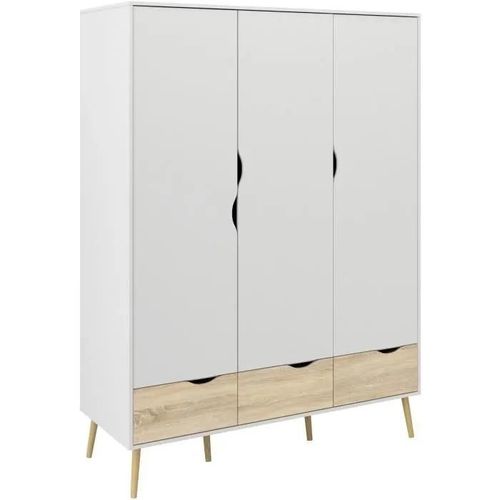 Armoire - Blanc / Chene - 3 Portes / 3 Tiroirs - Pietement Évasé En Bois Massif - Chambre - 147,2 X 58,1 X 200,1 Cm