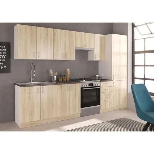 Cuisine Complete Sara - Décor Chene Sonoma - L300 Cm - Plan De Travail Non Inclus