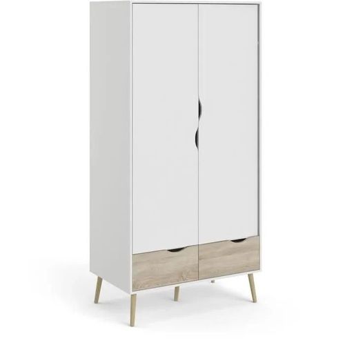 Armoire - Blanc / Chene - 2 Portes / 2 Tiroirs - Pietement Évasé En Bois Massif - Chambre - 98,7 X 58,1 X 200,1 Cm