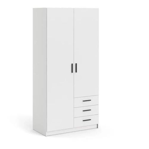 Armoire Vega - Décor Blanc Mat - 2 Portes + 3 Tiroirs - L 98,5 X P 49,6 X H 200,4 Cm