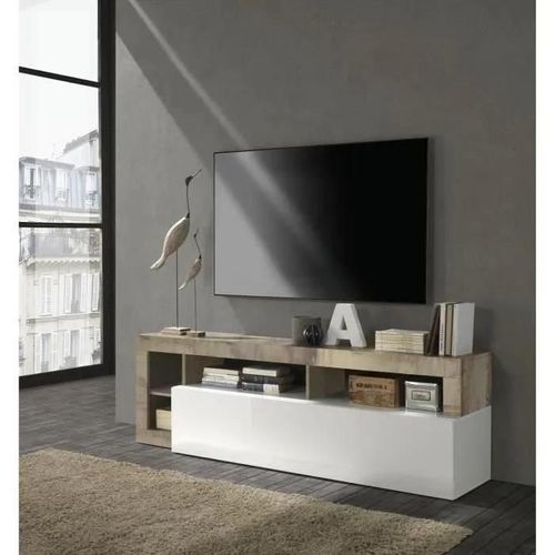 Meuble Tv Sefro - 1 Porte Et 4 Niches - Blanc Laqué Et Chêne