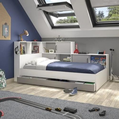 Lit Enfant 90x200 Cm Avec Rangement Et Tiroir Décor Gris Et Blanc