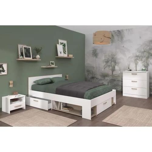 Chambre Complete Adulte Dream : Lit 140x190/200 Cm + 2 Chevets + Commode - Décor Blanc Et Chene - Parisot