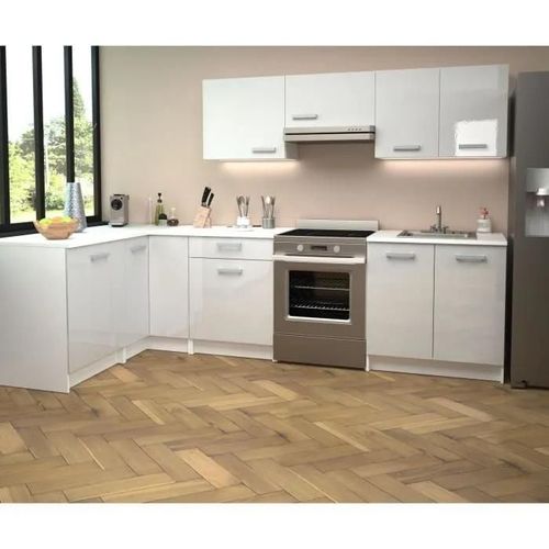 Start Cuisine Complete D'angle - Mélaminé Blanc - Façade Polymere Blanc Brillant - L290 X P150 Cm - Plan De Travail Fourni -