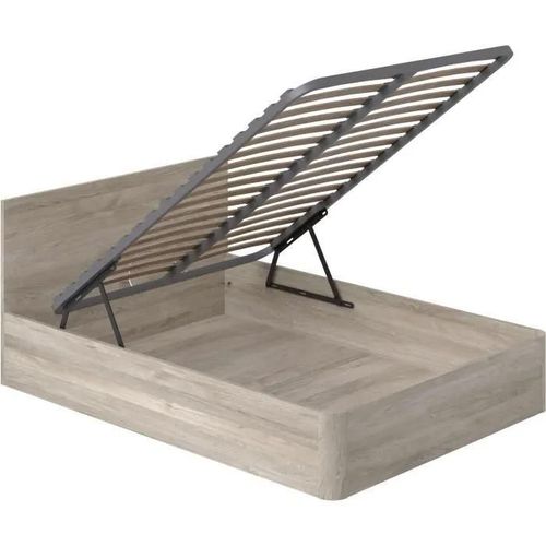 Lit Coffre Adulte - Couchage 140x190 Cm - Mélaminé Chene - Sommier A Lattes Avec Tete De Lit - Fabriqué En Espagne