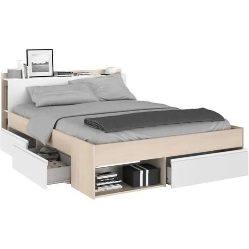 Lit Debar Avec Rangements Et Tiroirs - Modulable 140*190cm Ou 140*200 Cm - Acacia Et Blanc