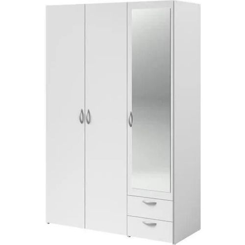 Armoire Varia - Décor Blanc - 3 Portes Battantes + Miroir + 2 Tiroirs - L 120 X H 185 X P 51 Cm - Parisot
