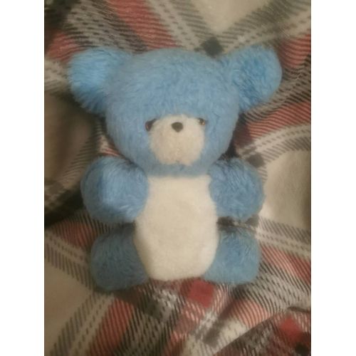 Doudou Peluche Ours Semi Rigide Grelot Bleu Blanc Vintage Ancien