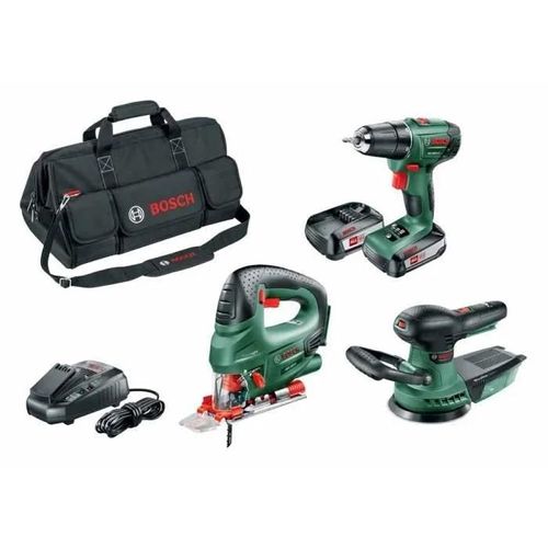 Pack 3 outils 18V sans fil BOSCH perceuse-visseuse PSR 1800 LI-2 2 batteries 2.5Ah + scie sauteuse PST + Ponceuse Excentrique